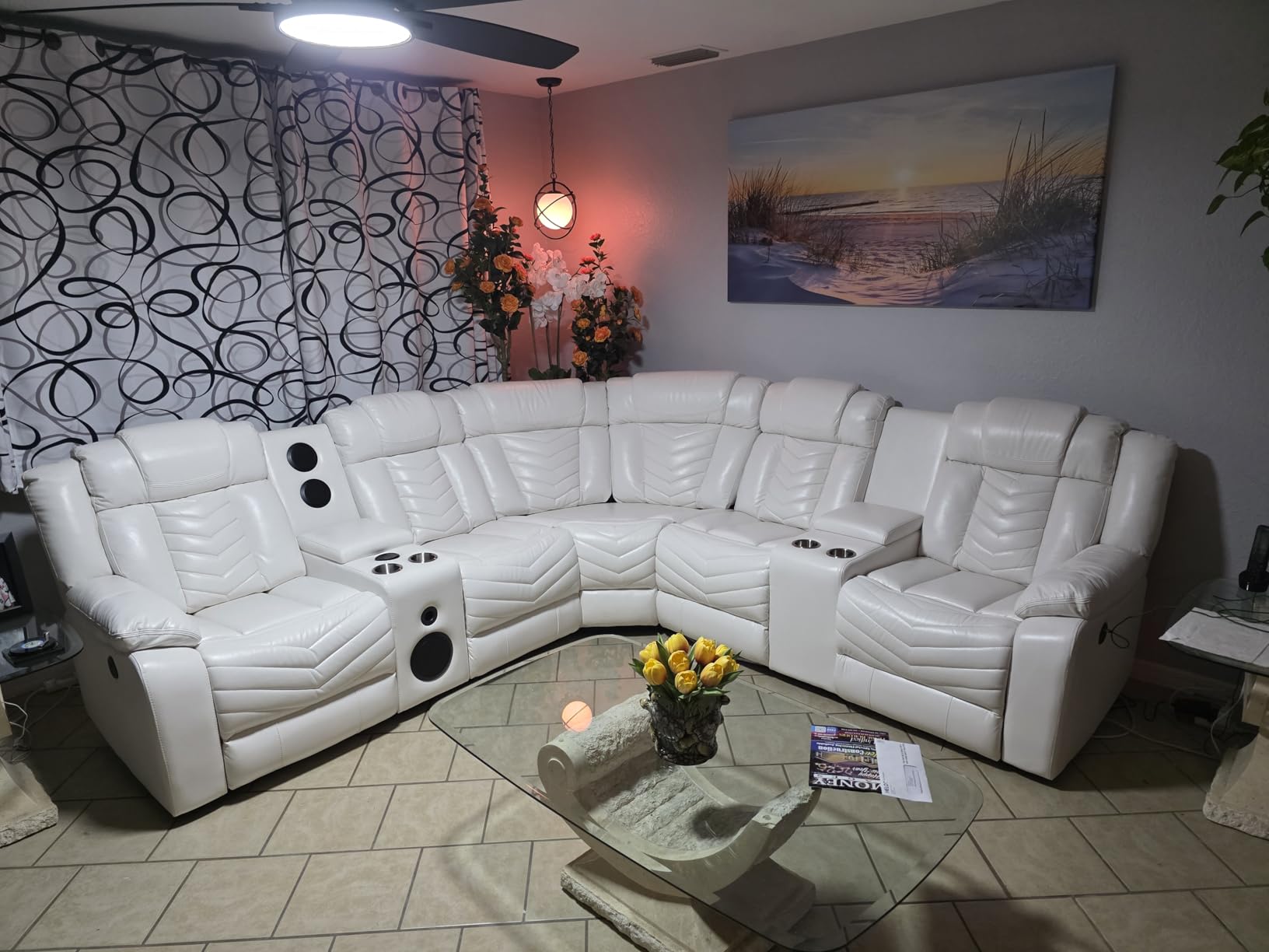 Power Recliner Sectional Sofa Couches with Bass Speakers for Living Room, Faux Leather Reclining Corner Sectionals Sofa Couch Sets with LED Light, Electric Theater Recliners Home, Grey customer photo 1