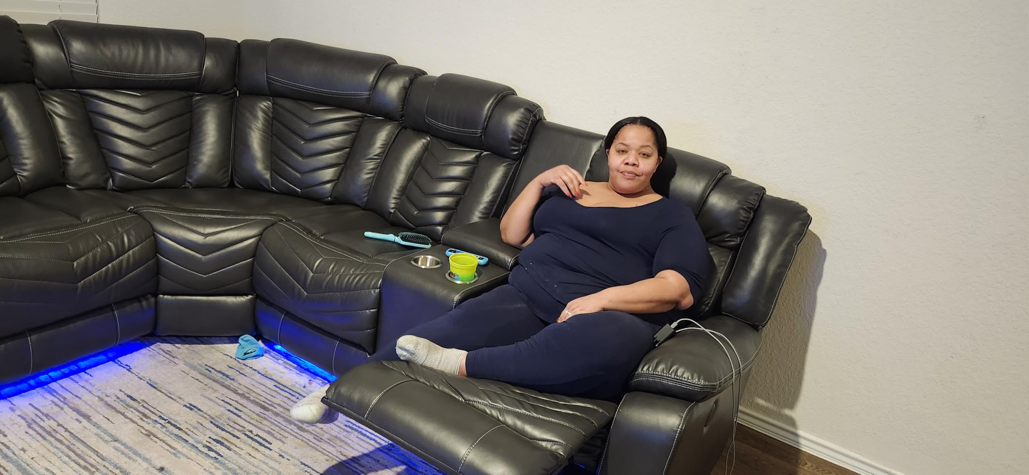 Power Recliner Sectional Sofa Couches with Bass Speakers for Living Room, Faux Leather Reclining Corner Sectionals Sofa Couch Sets with LED Light, Electric Theater Recliners Home, Grey customer photo 2