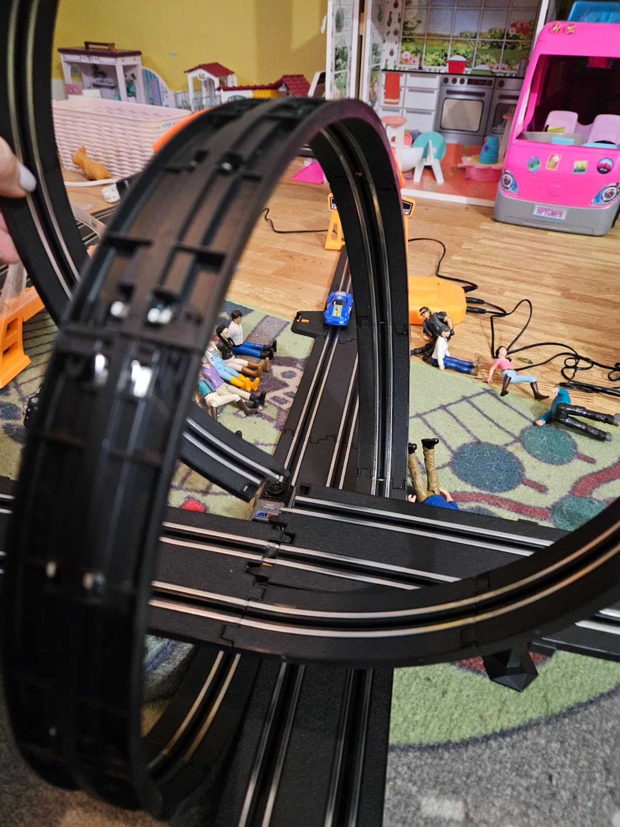 Slot Car Race Track Sets with 4 Slot Cars, Electric Race Car Track Include Slope Circular Overpass Track, Dual Racing Game Featuring Flash Bridge and Pendulum, Gifts Toys for Boys Kids Age 6 7 8-12 customer photo 2