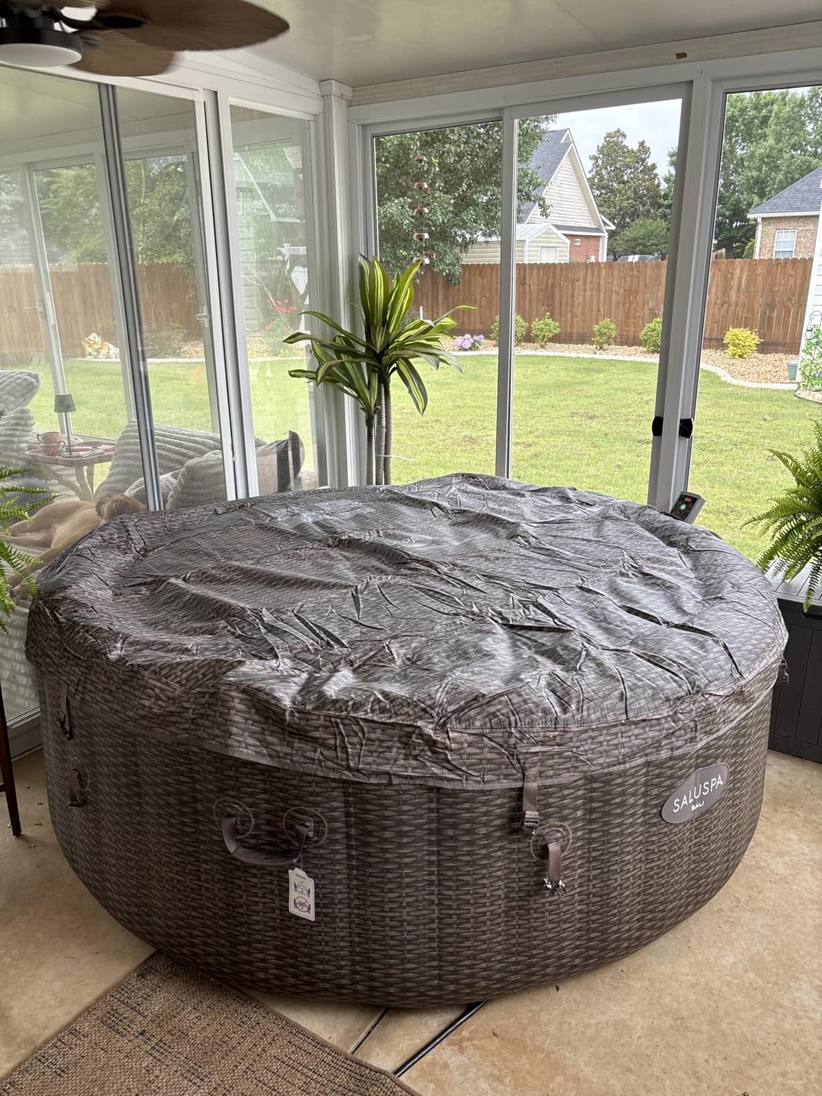 Bestway SaluSpa Bali Energy-Efficient AirJet 4-6 Person Inflatable Hot Tub | Smart Portable Outdoor Spa, Space-Saving Built-in Pump, Insulation, Freeze Shield Technology, 140 Bubble Jets, 77