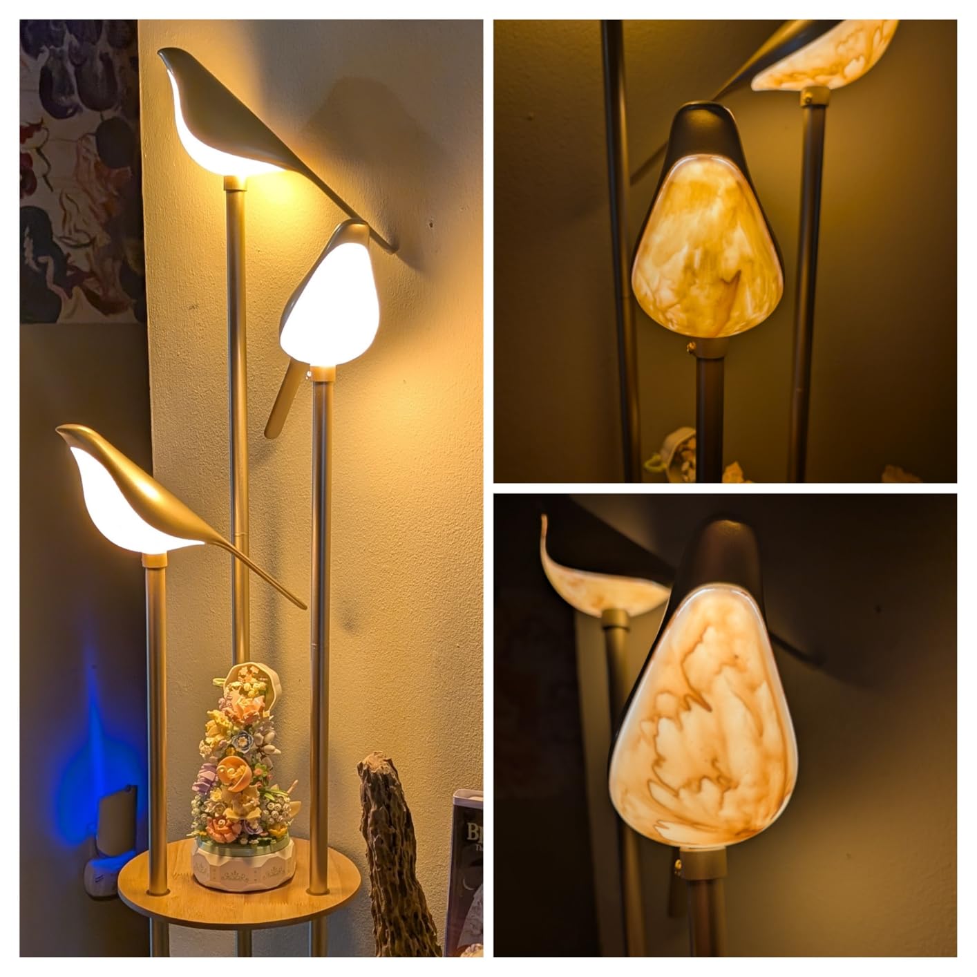 Gold Floor Lamps for Living Room, Modern Floor Lamp with Shelves, Mid Century Standing Lamp with 3 Adjustable LED Bird Lights, Corner Tall Lamp with Table, Brass Stand up Lamp for Bedroom Kids Room customer photo 2