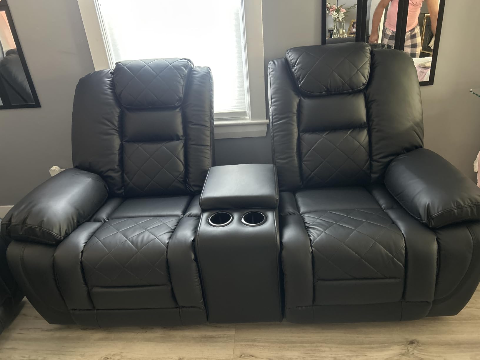 EBELLO Faux Leather Manual Loveseat Recliner Sofa, 2 Seat Reclining Couch Chair with Center Console, Hidden Storage and Cup Holders, Home Theater Seating for Living Room, Black (Loveseat) customer photo 1