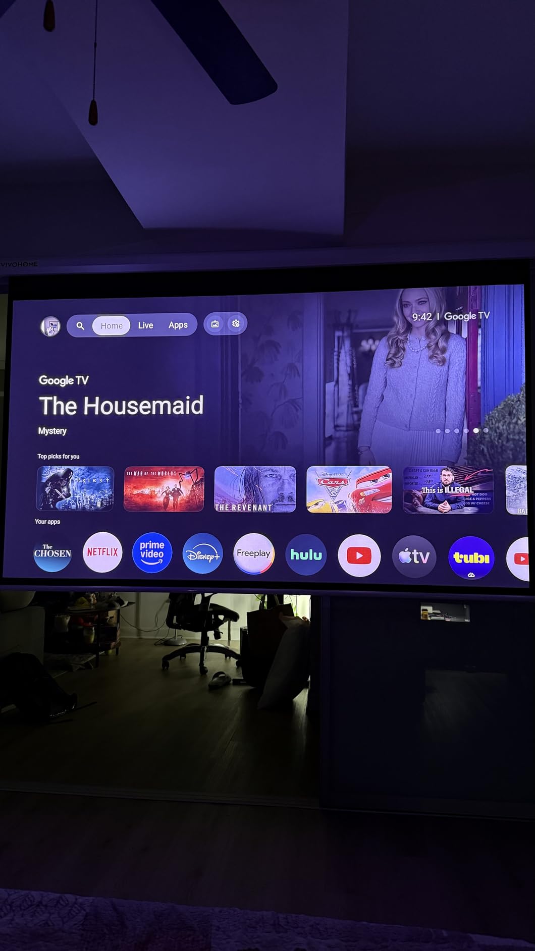 VIVOHOME 84 Inch 16:9 Motorized Projector Screen, Black | Electric Projection Screen with Remote Control, Automatic Pull Down Movie Screen, Retractable customer photo 1