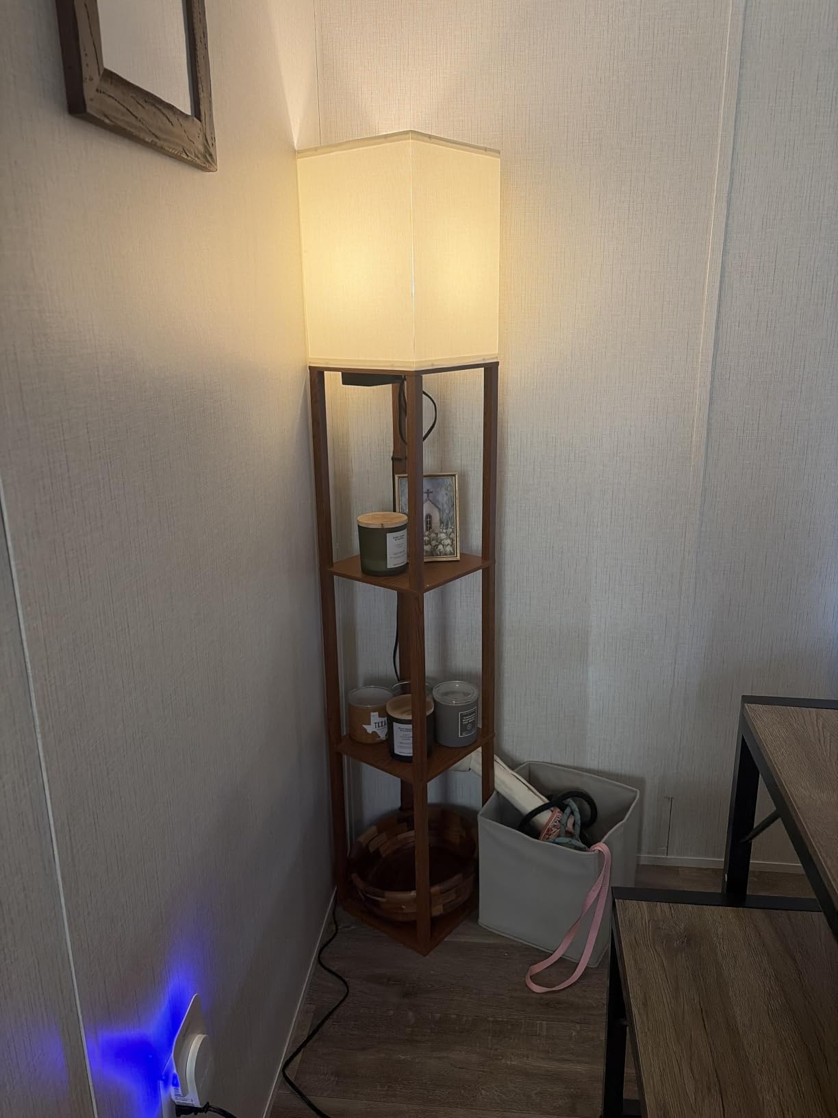 Floor Lamp with Shelves, Modern Corner Display Standing Column Shelf Lamp Etagere Organizer Tower Nightstand with White Linen Shade for Living Room, Bedroom and Office, Marble White and Gold Poles customer photo 1