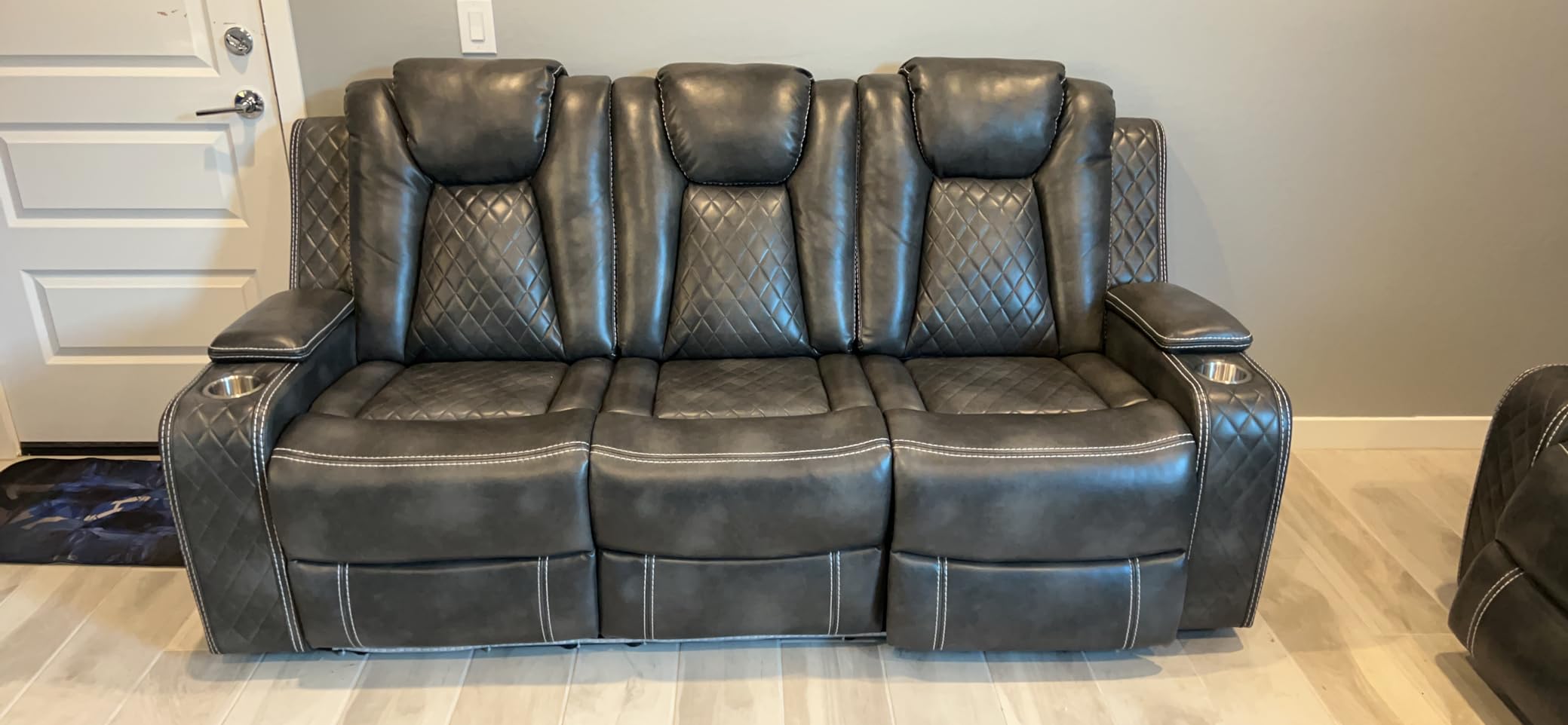Power Loveseat Recliner Couch with Bass Speakers, Leather Electric Reclining Love Seat, Dual Recliners with LED Lights, 2 Seaters Movie RV Home Theater Seating Sofa with Console for Living Room, White customer photo 1