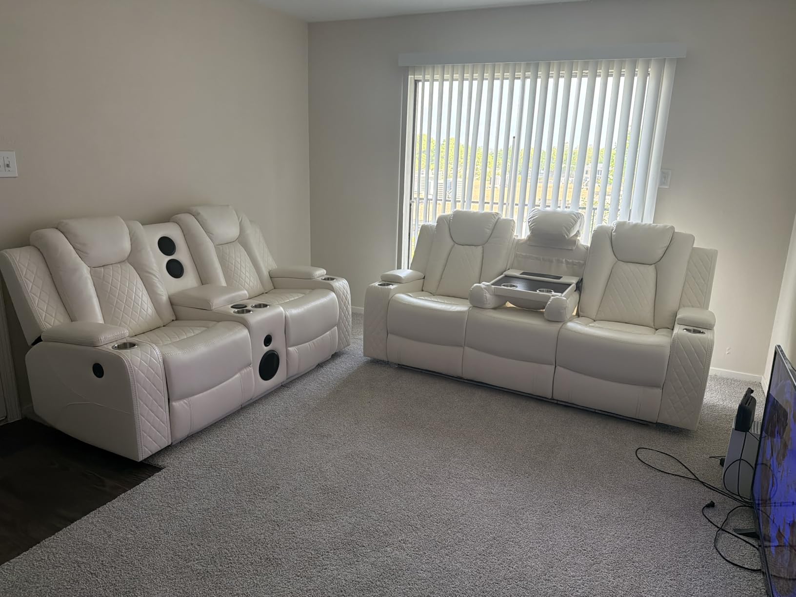 Power Loveseat Recliner Couch with Bass Speakers, Leather Electric Reclining Love Seat, Dual Recliners with LED Lights, 2 Seaters Movie RV Home Theater Seating Sofa with Console for Living Room, White customer photo 2
