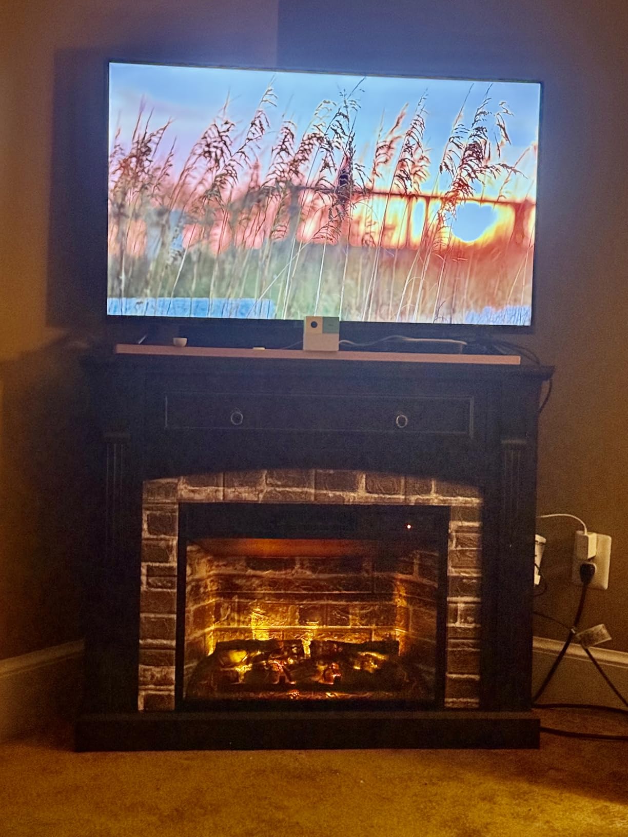 AHB Corner TV Stand with Remote Control Electric Fireplace | with Wooden Mantel, Entertainment Center with Efficient Heating System, Adjustable Brightness Realistic Flame (White) customer photo 2