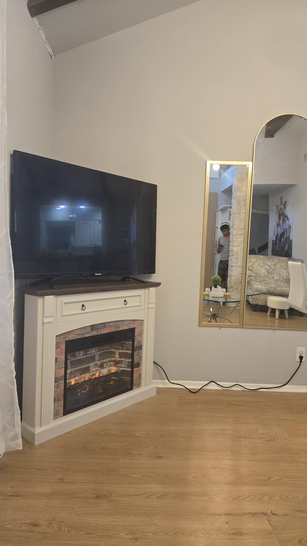 Electric Fireplace with Mantel, Corner Fireplace TV Stand, Entertainment Center with Hidden Drawer, Electric Fireplace Heater with Realistic Stacked Stone Surround for Living Room (White) customer photo 1