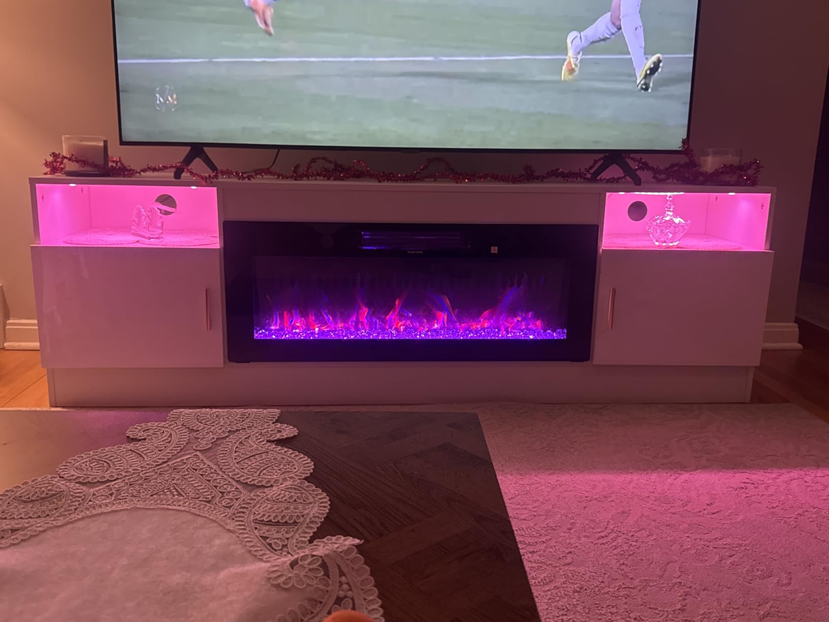 Fireplace TV Stand with 40'' Electric Fireplace, 70'' TV Media Entertainment Center with Fireplace Up to 80 inch, Modern LED TV Console with High Gloss Cabinet for Living Room customer photo 2