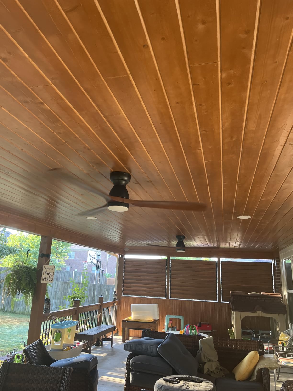60in Smart Flush Mount Ceiling Fans with Lights, Outdoor Low Profile Ceiling Fan Quiet DC Motor, Work with Alexa/Google Voice Control/App/Remote, Dimmable, 6-speed, 3 Wood blades Fan for Patio, Dark Walnut customer photo 1