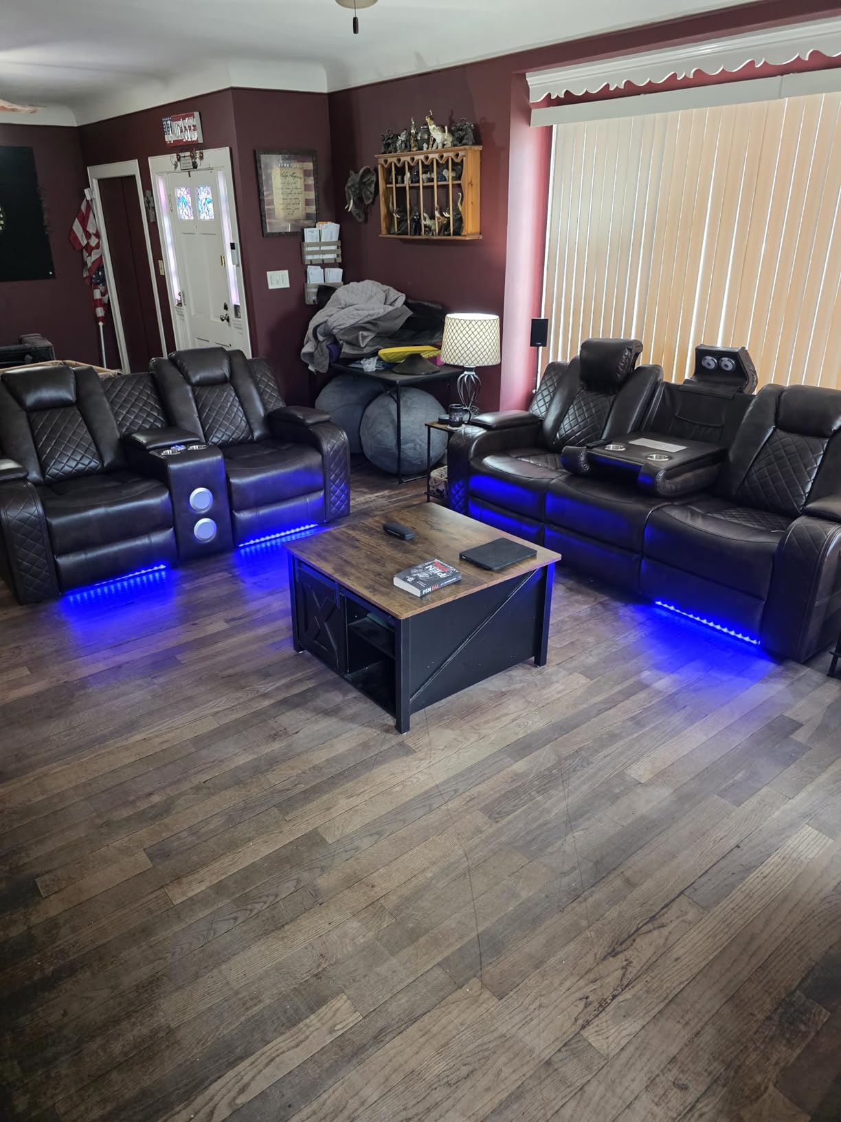 CANMOV Home Theater Seating Seats, Power Loveseat Recliner Sofa with Center Console, Game Movie Reclining Couch with Ambient Lighting, Cup Holder, USB Ports, Bluetooth Speakers for Living Room, Black customer photo 1