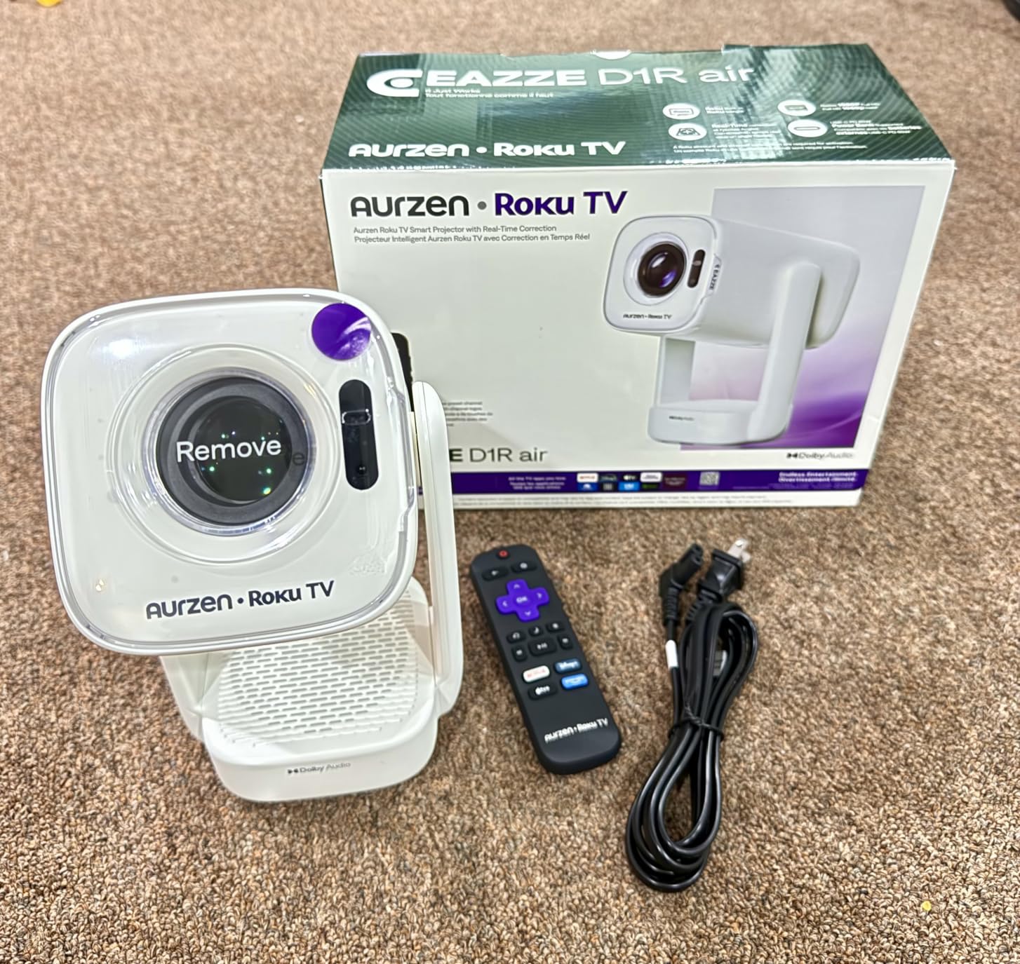 Aurzen Roku TV D1R air USB-C Powered Smart Portable Outdoor Projector White | Roku TV Built-in, WiFi & Bluetooth, Power Bank Supported, Native 1080P, DoIby Audio, Overhead Projector for Home & Outdoor customer photo 1