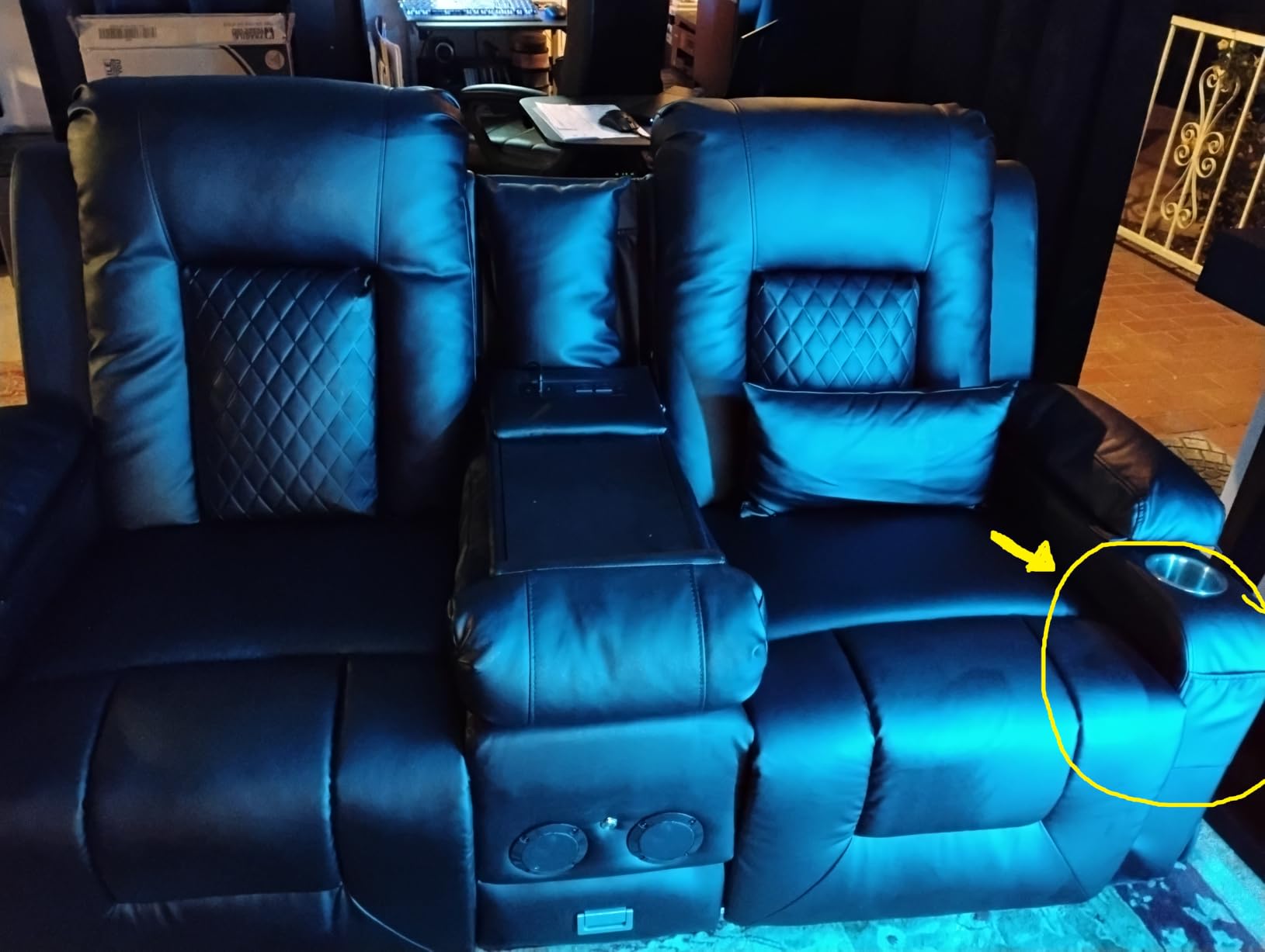 Power Loveseat Recliner Sofa, Electric Reclining Loveseat Couch with Console, Home Theater Seating with Bluetooth Speaker & LED Light, Zero Wall Hugger RV Sofa Furniture with Built-in Outlet & Storage customer photo 1