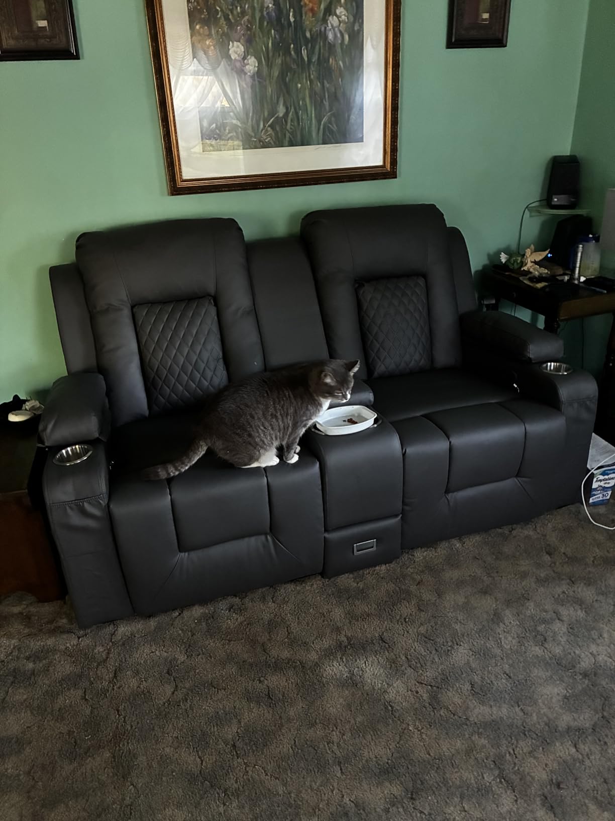 Power Loveseat Recliner Sofa, Electric Reclining Loveseat Couch with Console, Home Theater Seating with Bluetooth Speaker & LED Light, Zero Wall Hugger RV Sofa Furniture with Built-in Outlet & Storage customer photo 2