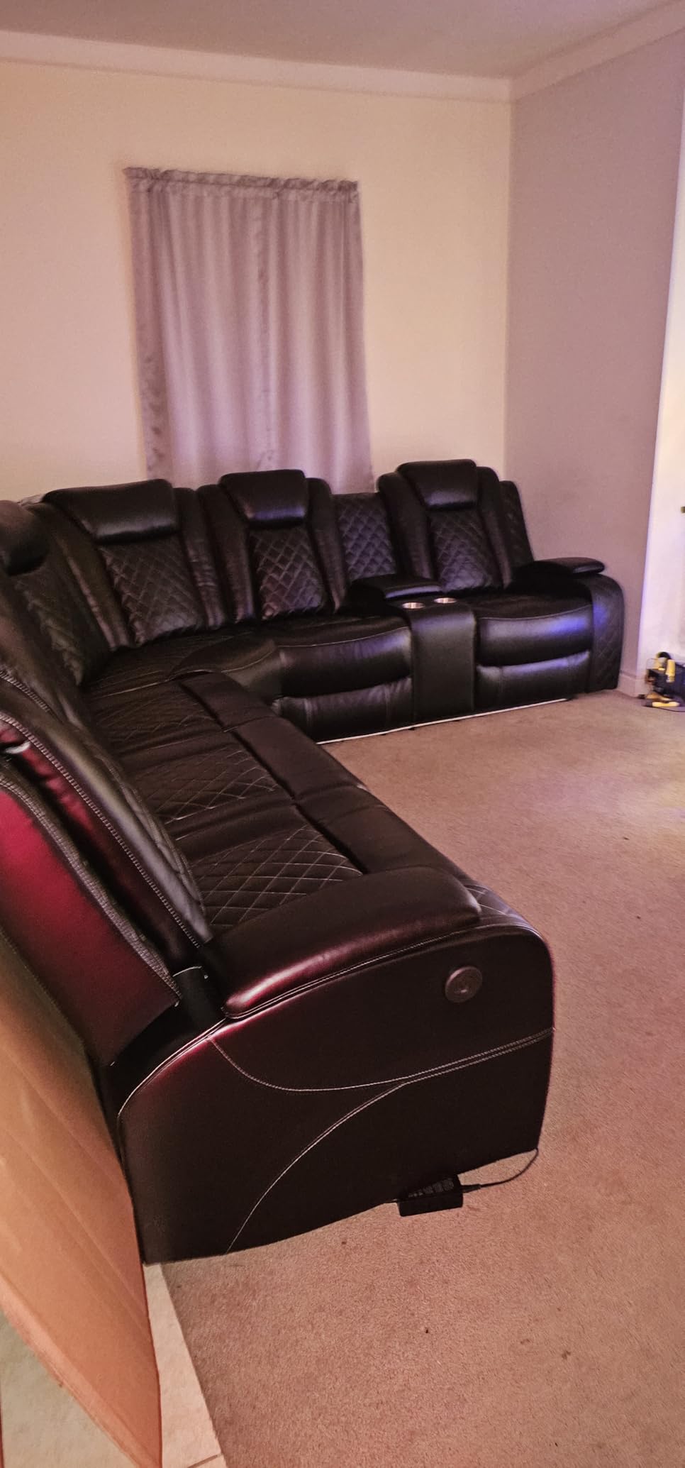 Power Reclining Sectional Sofa with Built-in Speakers, Breathable Leather Sectional Reclining Couch for Living Room, Home Theater Seating with LED, Storage Console & Cup Holders (Blue Gray) customer photo 1