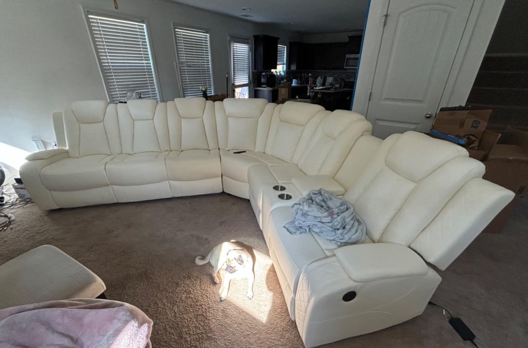 Power Reclining Sectional Sofa with Built-in Speakers, Breathable Leather Sectional Reclining Couch for Living Room, Home Theater Seating with LED, Storage Console & Cup Holders (Blue Gray) customer photo 2