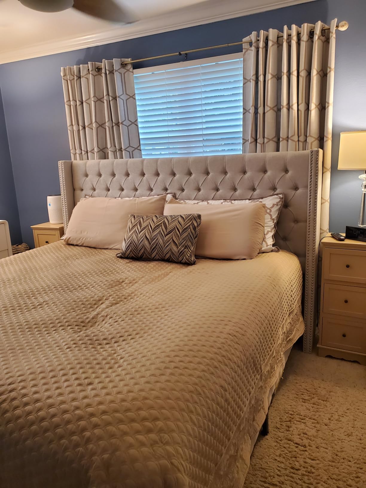 Madison Park Amelia Upholstered Headboard | Nail Head Trim Wingback Button Tufted | King, Cream customer photo 1
