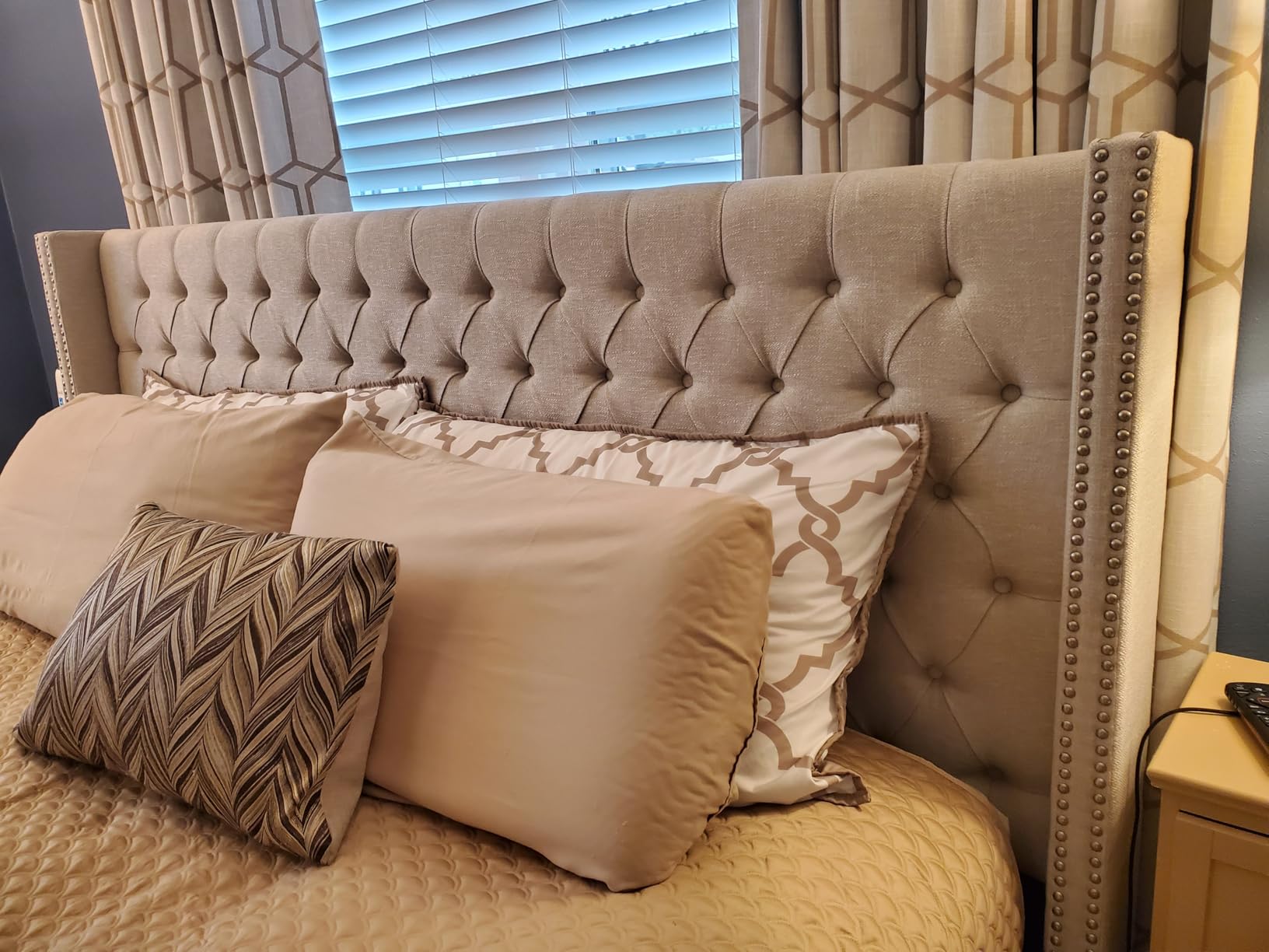 Madison Park Amelia Upholstered Headboard | Nail Head Trim Wingback Button Tufted | King, Cream customer photo 2