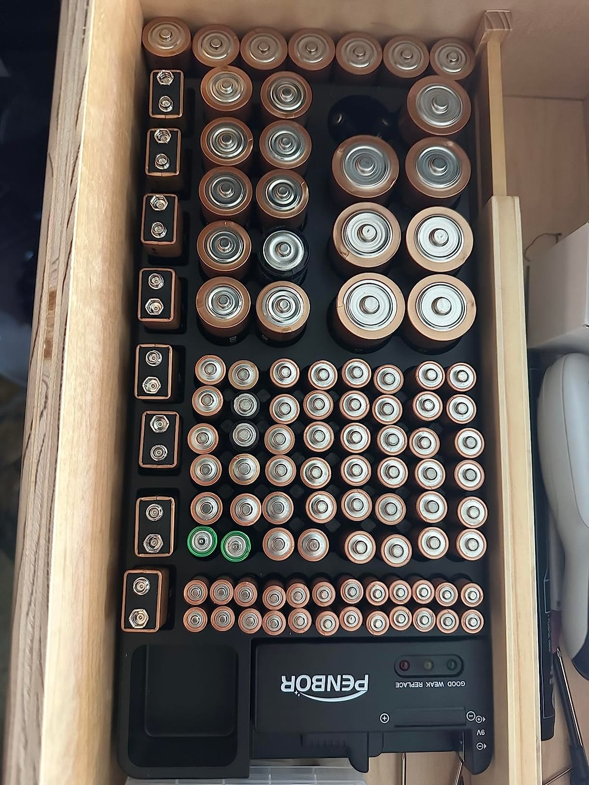 Battery Organizer Storage Case with No Lid Snap, Portable Battery Tester, Just The Right Size Slot with Wall-Mounted Design,Holds 110 Batteries Various Sizes for AAA, AA, 9V, C, D and Butt customer photo 2