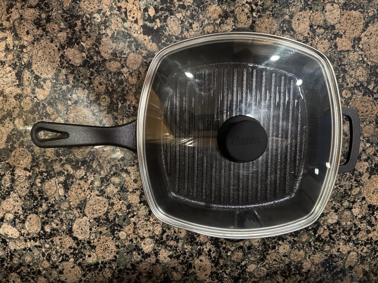 Cuisinel Cast Iron Square Grill Pan + Glass Lid + Pan Scraper + Handle Cover - 10.5
