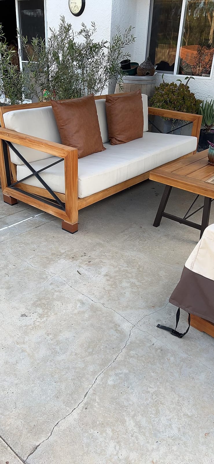 SAFAVIEH Couture Outdoor - Andros Sofa - Brown & Beige - Brazilian Teak Wood - Slatted Design with Removable Cushions - Ideal for Patio, Deck, Porch, Backyard, 16