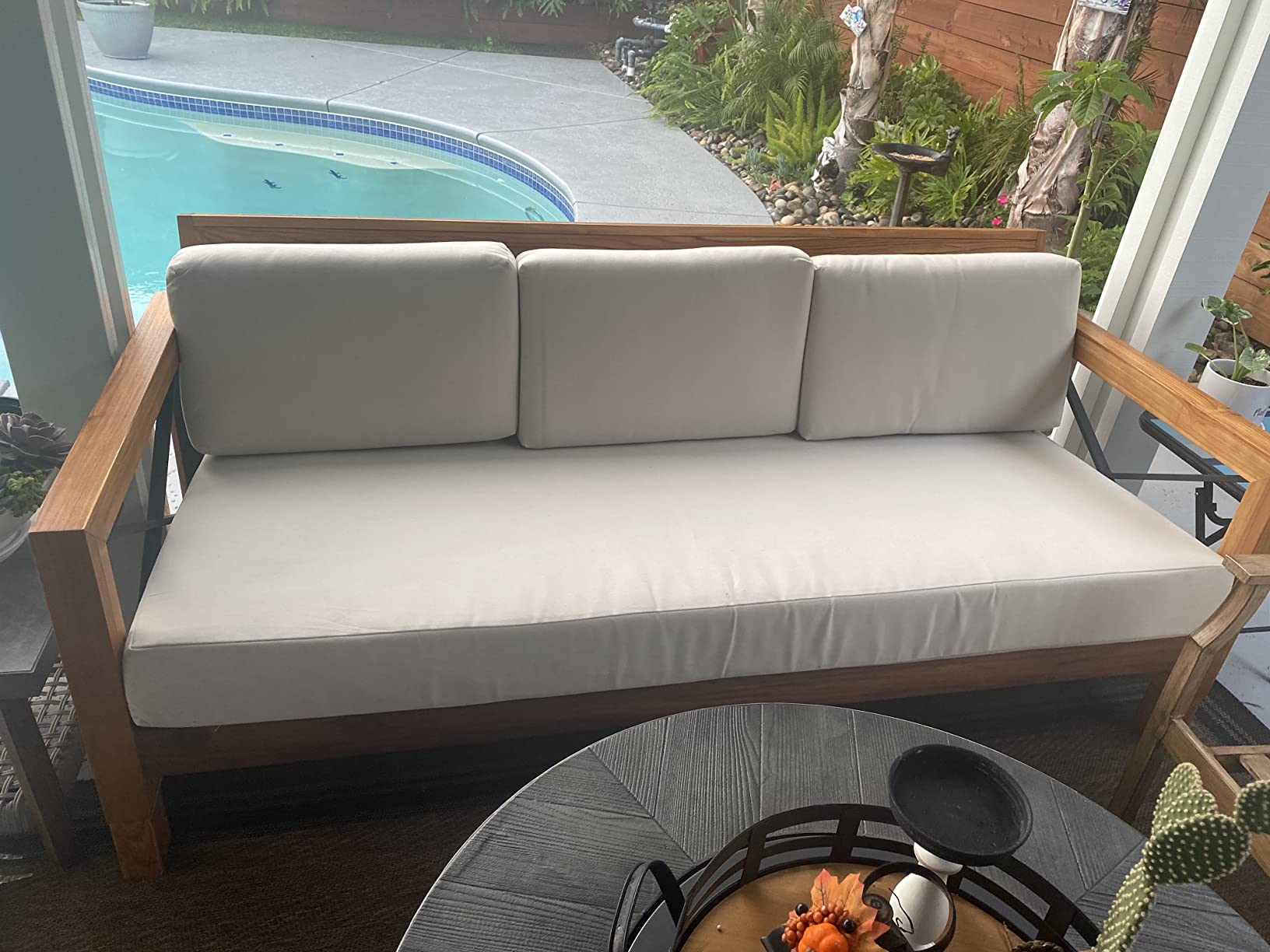 SAFAVIEH Couture Outdoor - Andros Sofa - Brown & Beige - Brazilian Teak Wood - Slatted Design with Removable Cushions - Ideal for Patio, Deck, Porch, Backyard, 16