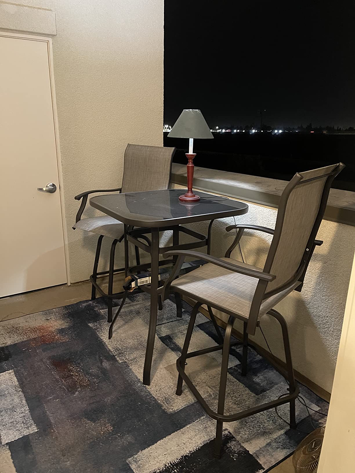 Vongrasig 3 Piece Patio Swivel Bar Set, All Weather Mental Textilene High Swivel Stools Chair Set of 2 and Glass Bar Table, Outdoor High Top Bistro Set for Lawn Garden, Balcony, Taupe customer photo 1