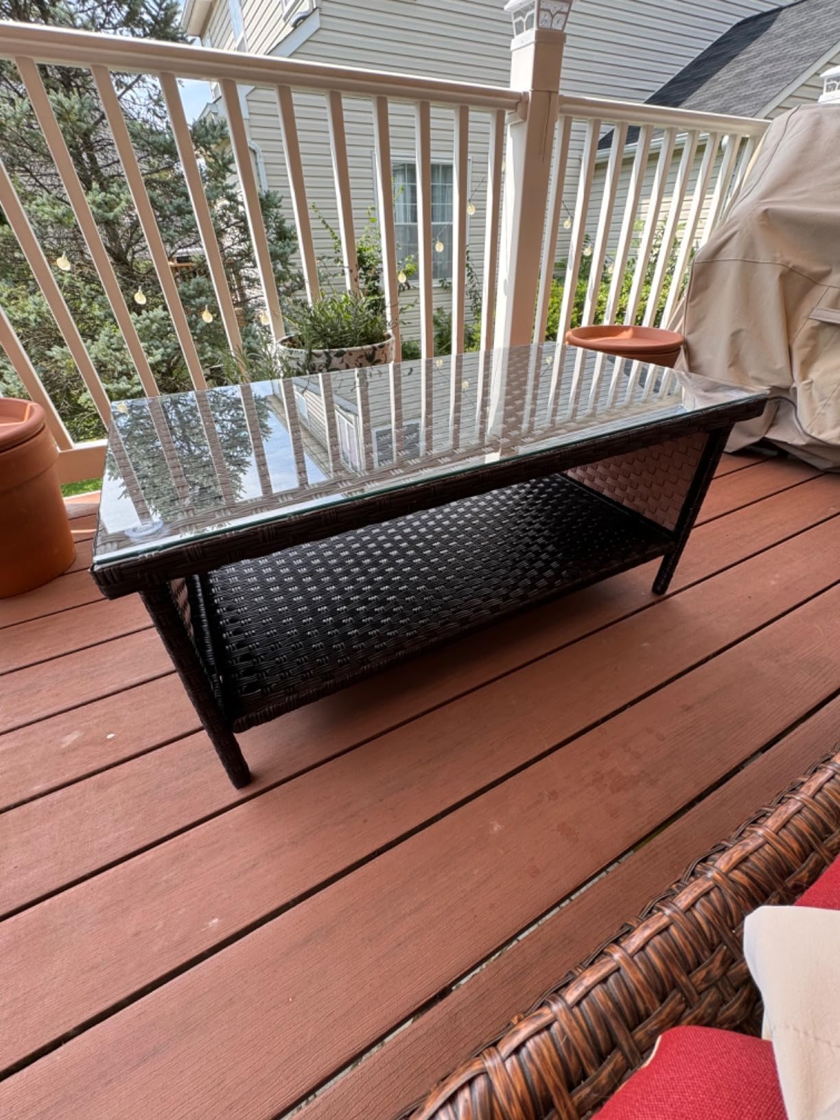 Outdoor Wicker Coffee Table Patio Furniture Garden Rattan 2-Layer Glass Table with Storage and Furniture Cover, Brown customer photo 1
