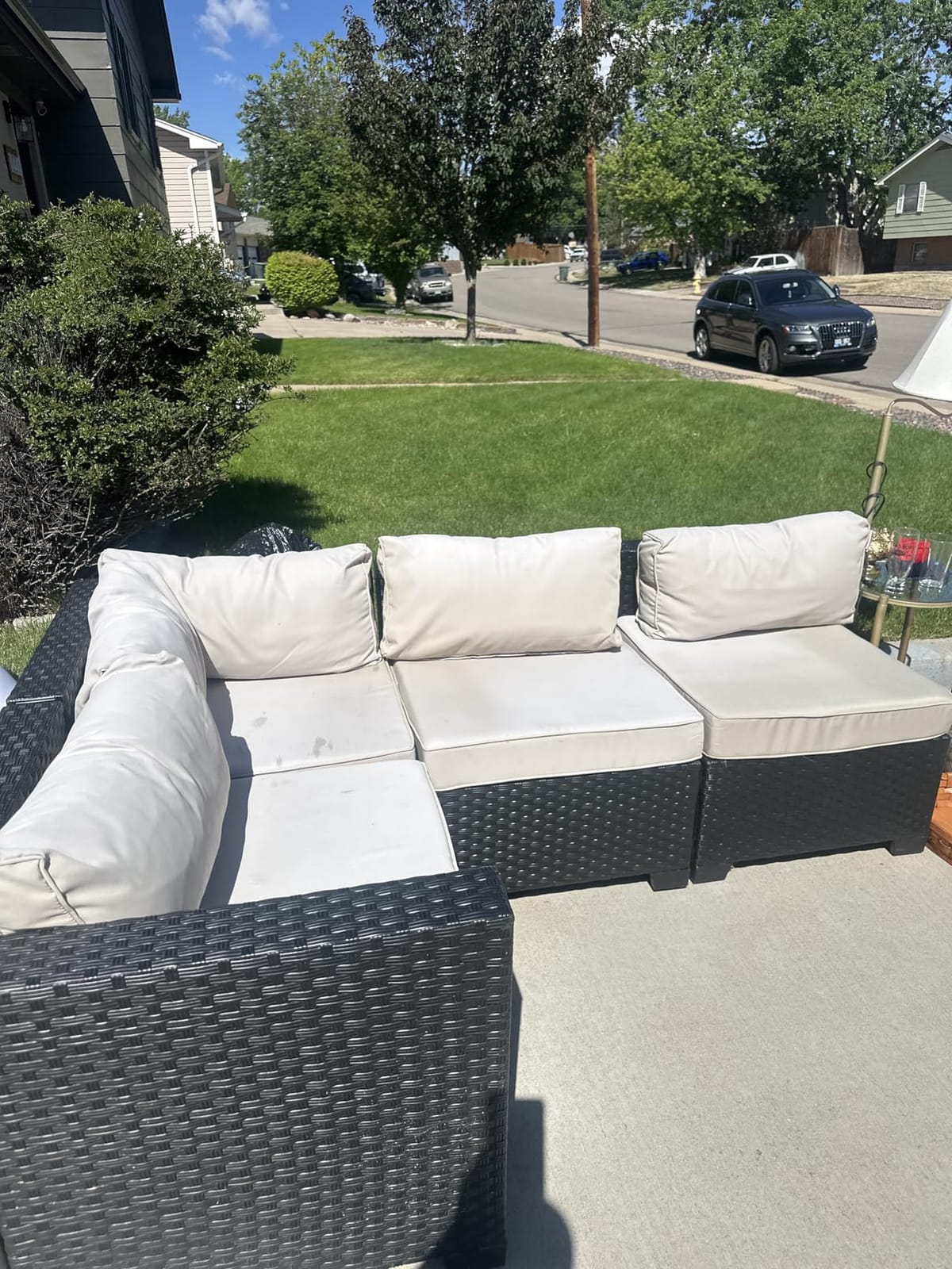 WAROOM Outdoor 5 Piece Patio Furniture Set, Black Rattan Conversation Couch Resin Wicker Sectional Sofa Outside Chair with Propane Fire Pit Table, Khaki Cushion customer photo 1