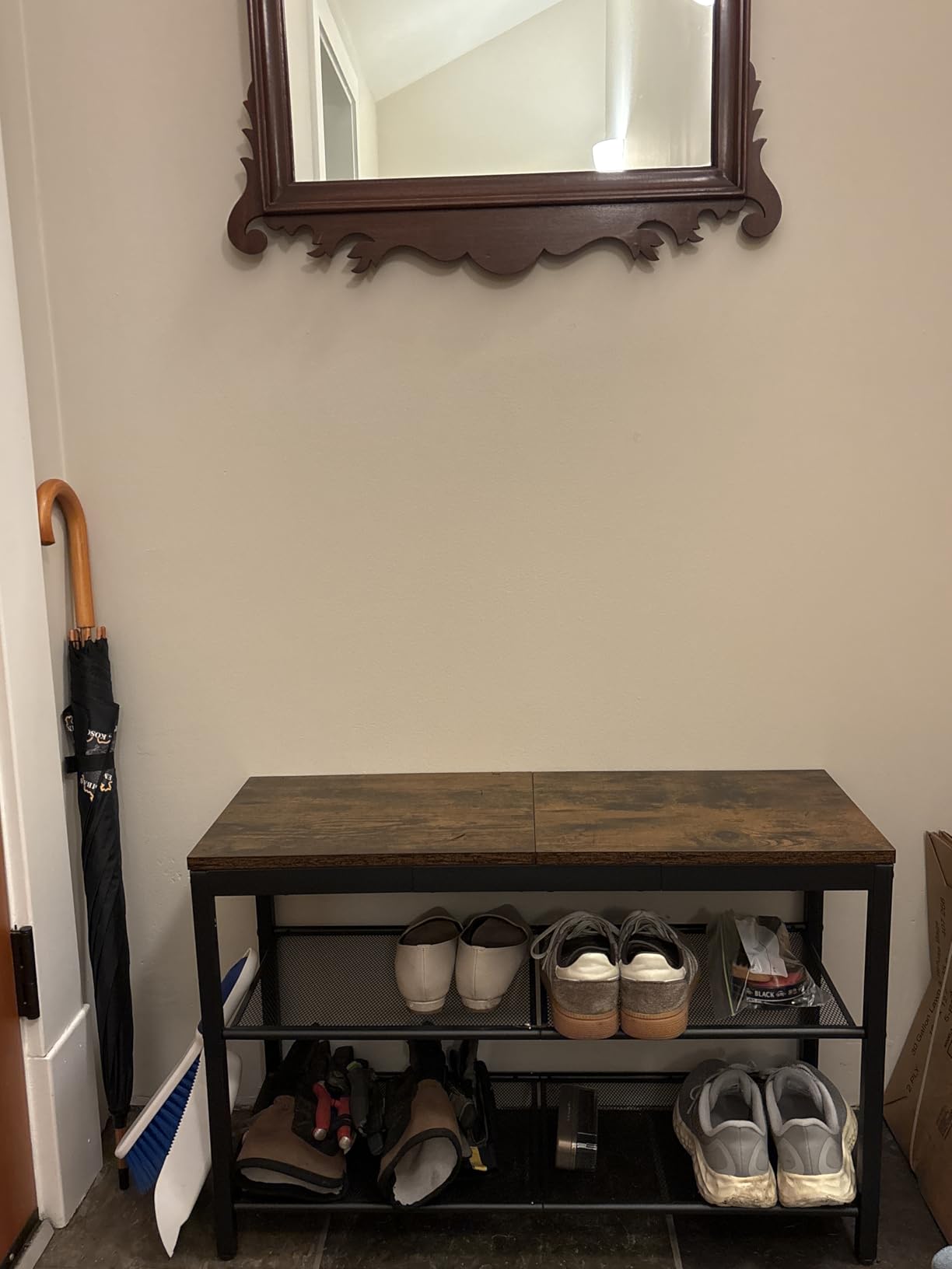HOOBRO Shoe Bench, 3-Tier Shoe Rack, Industrial Shoe Organizer Storage Bench, 29.5 inches Entry Bench with Mesh Shelves, for Entryway, Living Room, Hallway, Easy Assembly, Rustic Brown BF75HX01 customer photo 2