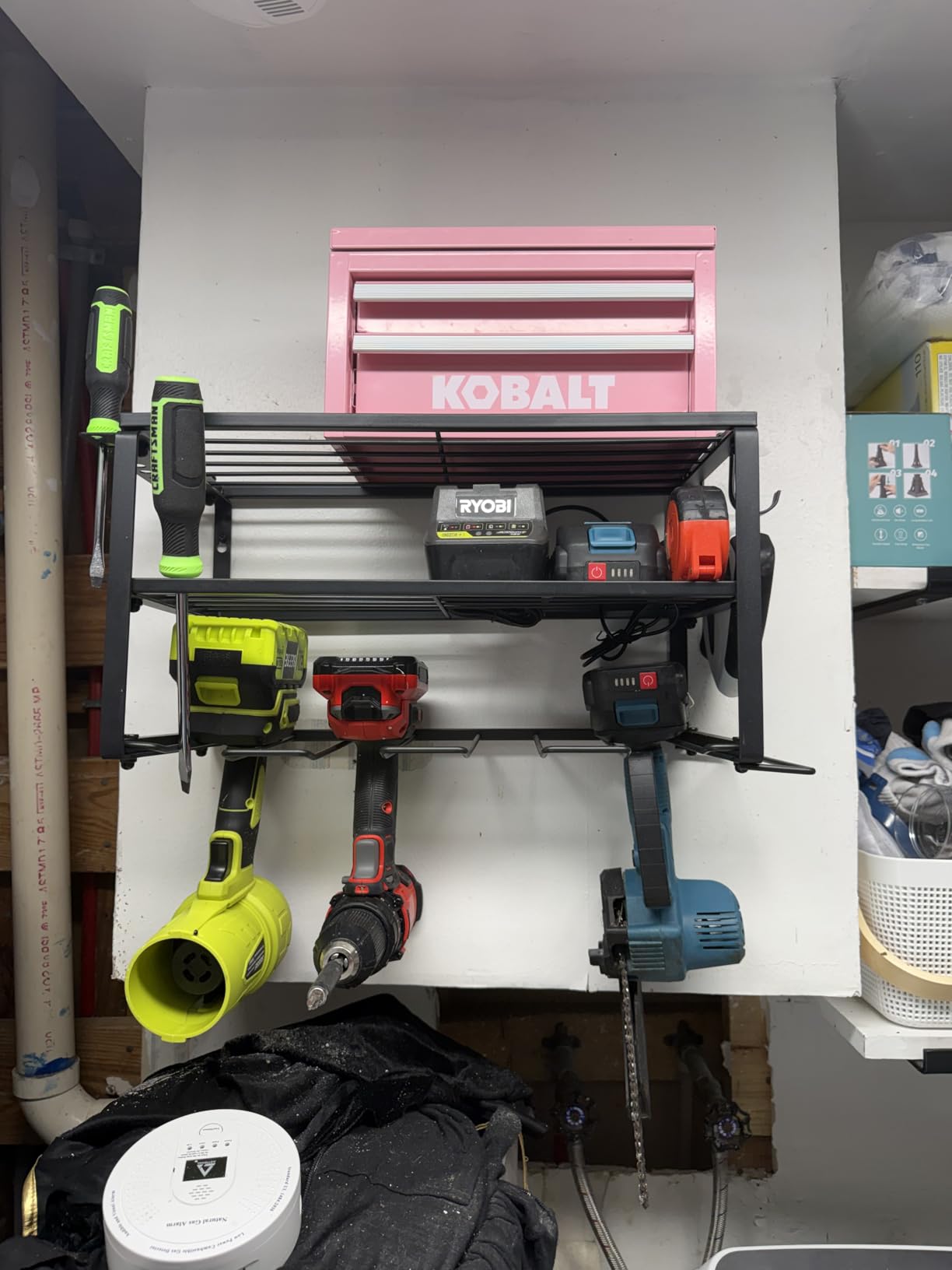 SUNALLY Power Tool Organizer, Heavy Duty Iron, 3 Layers Storage Rack with 4 Drill Holders, Floating Tool Shelf Wall Mounted, Matte Black, Work Shop, Garage, 150Lbs Load Capacity customer photo 2