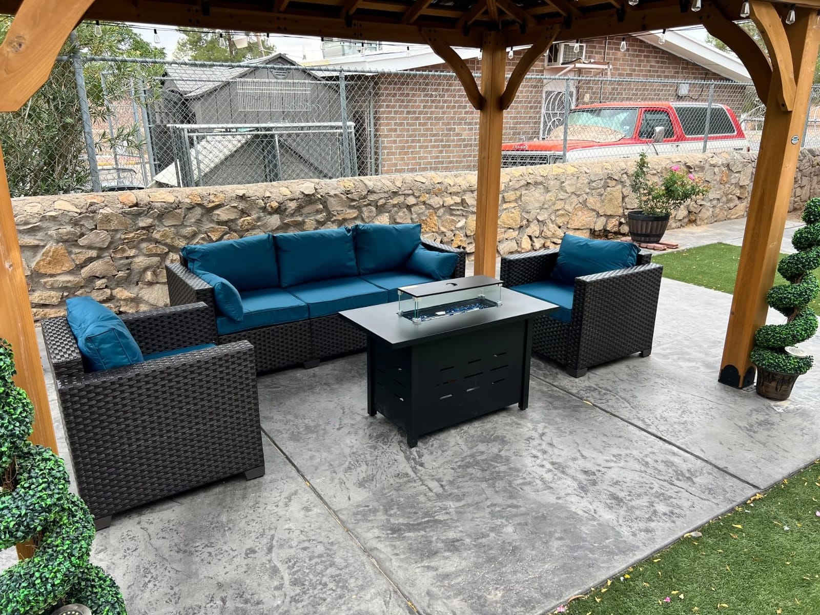 Rattan Star 4 Piece Patio Furniture Set 45 Inches Fire Pit Table Outdoor Furniture Sets Patio Couch Outdoor Chairs 50000 BTU Propane Fire Pit with No-Slip Cushions and Waterproof Covers, Navy Blue customer photo 2