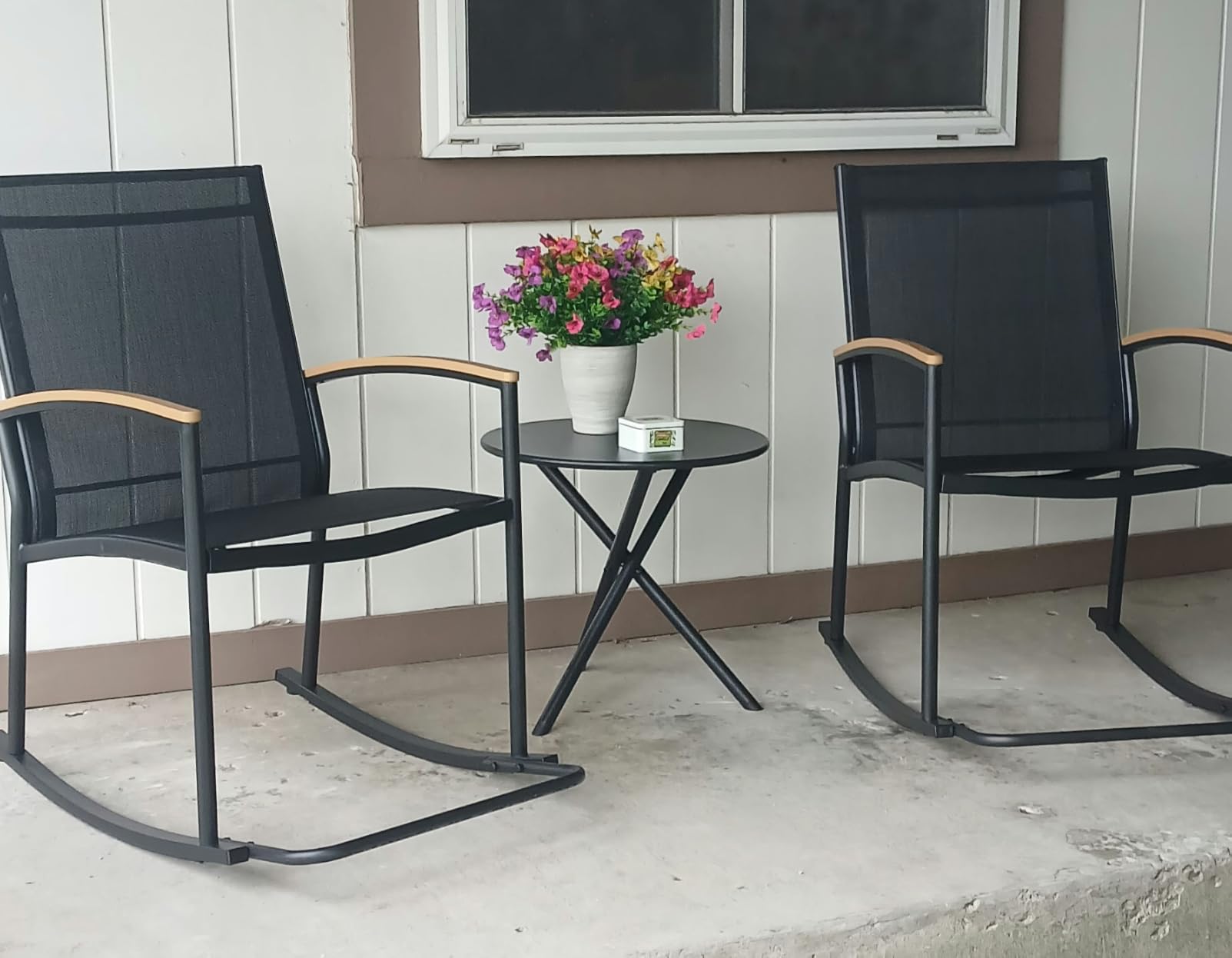 Shintenchi 3 Piece Outdoor Rocking Bistro Set, Textilene Fabric Small Patio Furniture Set, Front Porch Rocker Chairs Conversation Set with Table for Lawn, Garden, Balcony, Poolside (Black) customer photo 2