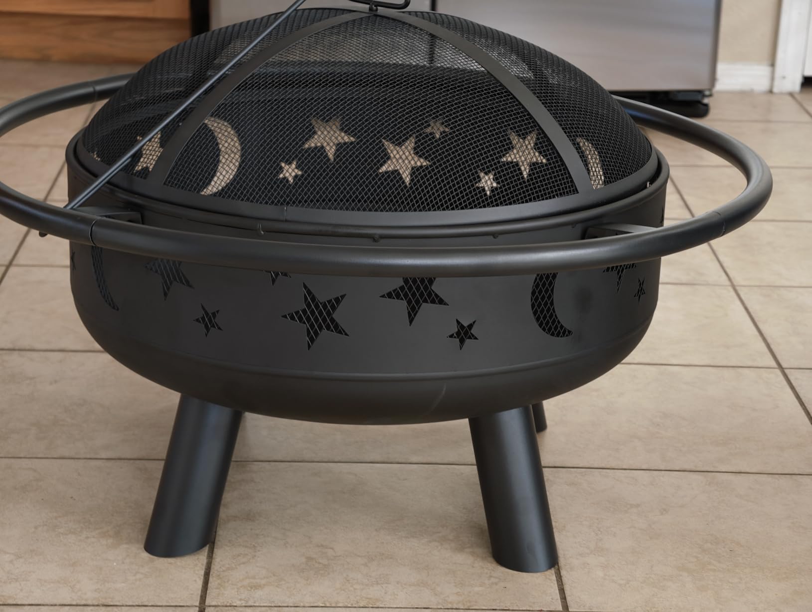 32 Inch Round Fire Pit with Mesh Cover, Fire Poker, Star and Moon Design, Metal Wood Burning Outdoor Firepit for Patio, Backyard, Garden, Bonfire Party,Perfect for Christmas, Thanksgiving, Halloween customer photo 1