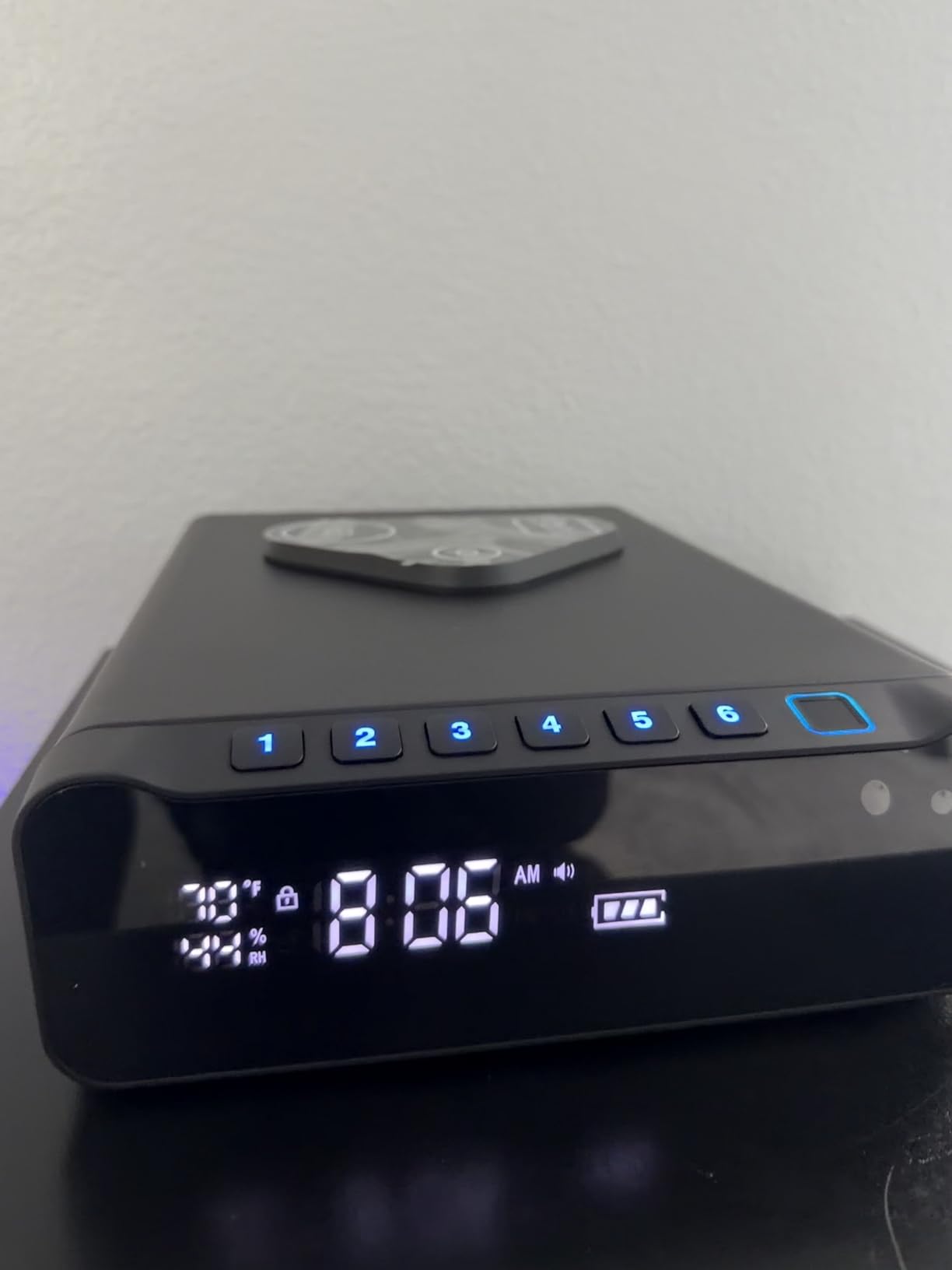 FTOP Biometric Fingerprint Gun Safe, Clock Handgun Safe with 3-in-1 Watch & Phone Wireless Charging, Drawer Lock for Hand Guns, Cash, Valuables- with Humidity Reader|Temperature| Alarm Clock| Screen customer photo 2
