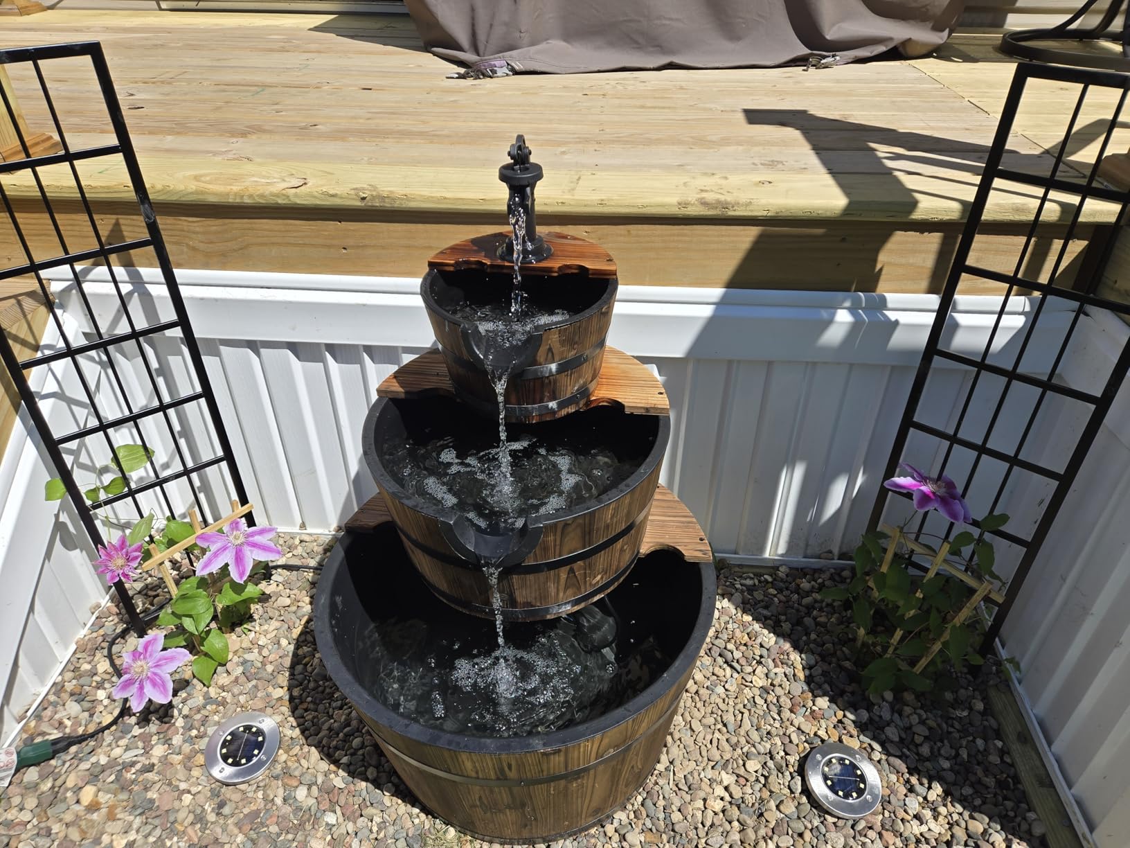 Aoxun 2-Tier Outdoor Water Fountain, Wood Barrel Cascading with Electric Decorative Hand Pump, Rustic Waterfall Fountain for Garden, Backyard, Patio, Porch, Yard customer photo 1