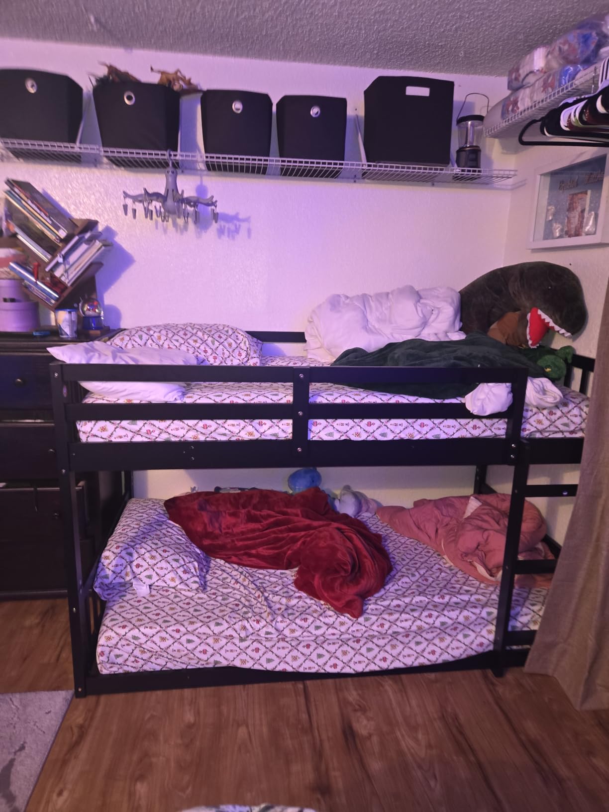 JOYMOR Solid Wood Low Twin Over Twin Bunk Bed for Kids/Junior, Bunk Bed Frame with Guardrails & Ladder for Boys Girls, No Box Spring Needed (Black) customer photo 1