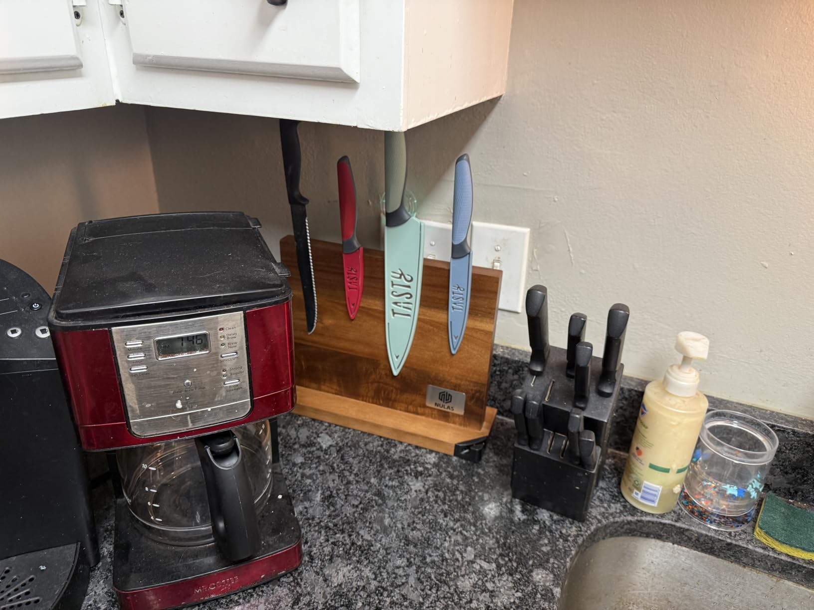 Magnetic Knife Block with Built-in Sharpener, Double-Sided Countertop Magnetic Knife Holder, Holds Up to 12 Knives & Metal Kitchen Tools, Brown customer photo 2